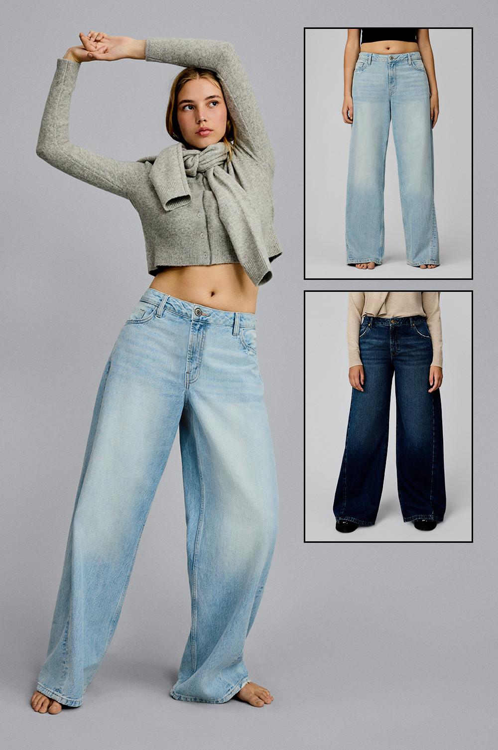 Model wearing grey cropped sweater with matching scarf and light wash wide leg jeans shown in multiple views.