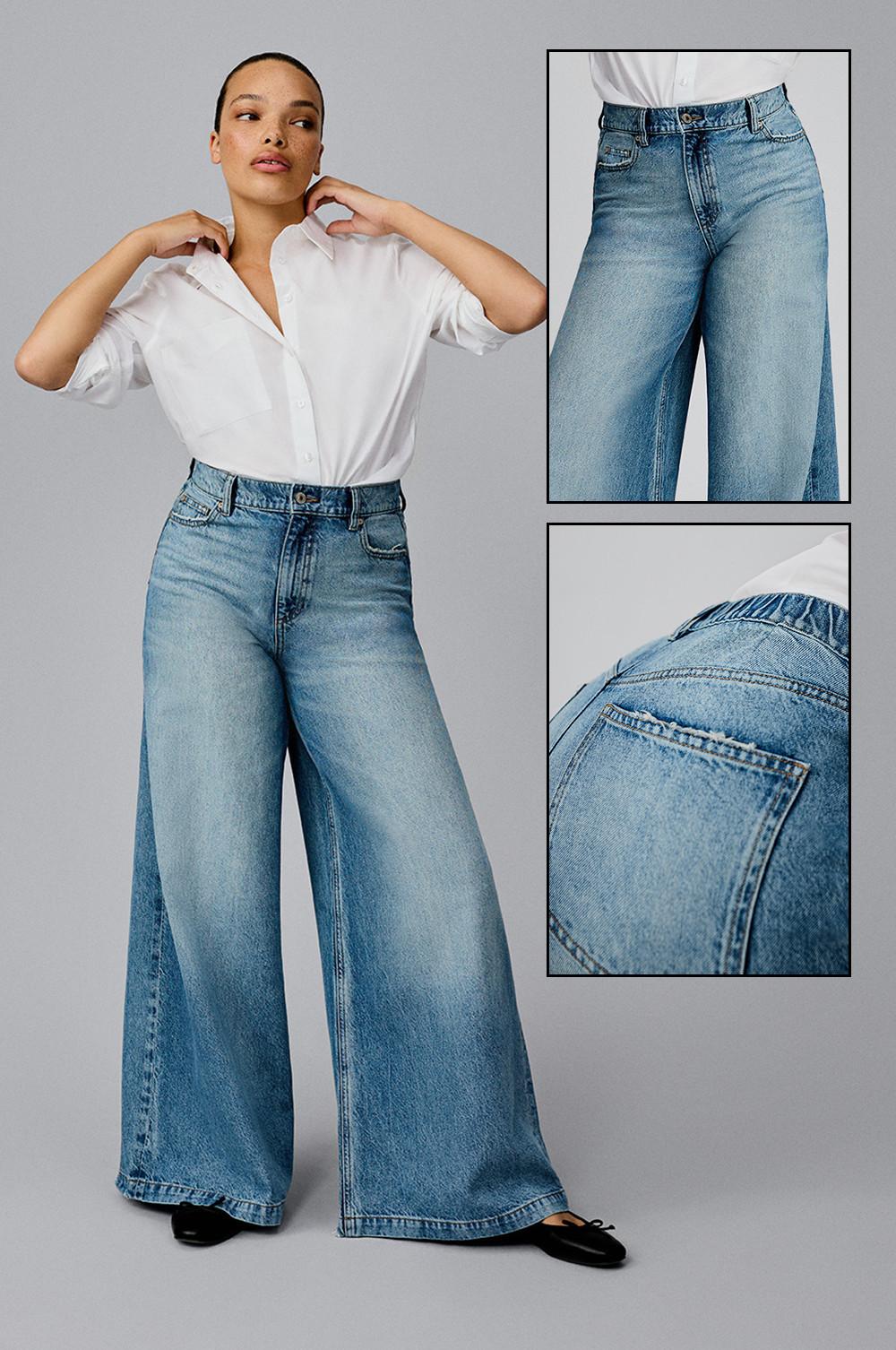 Person wearing classic white button-up shirt with light wash wide leg jeans, with detail views of denim waistband and back pocket.