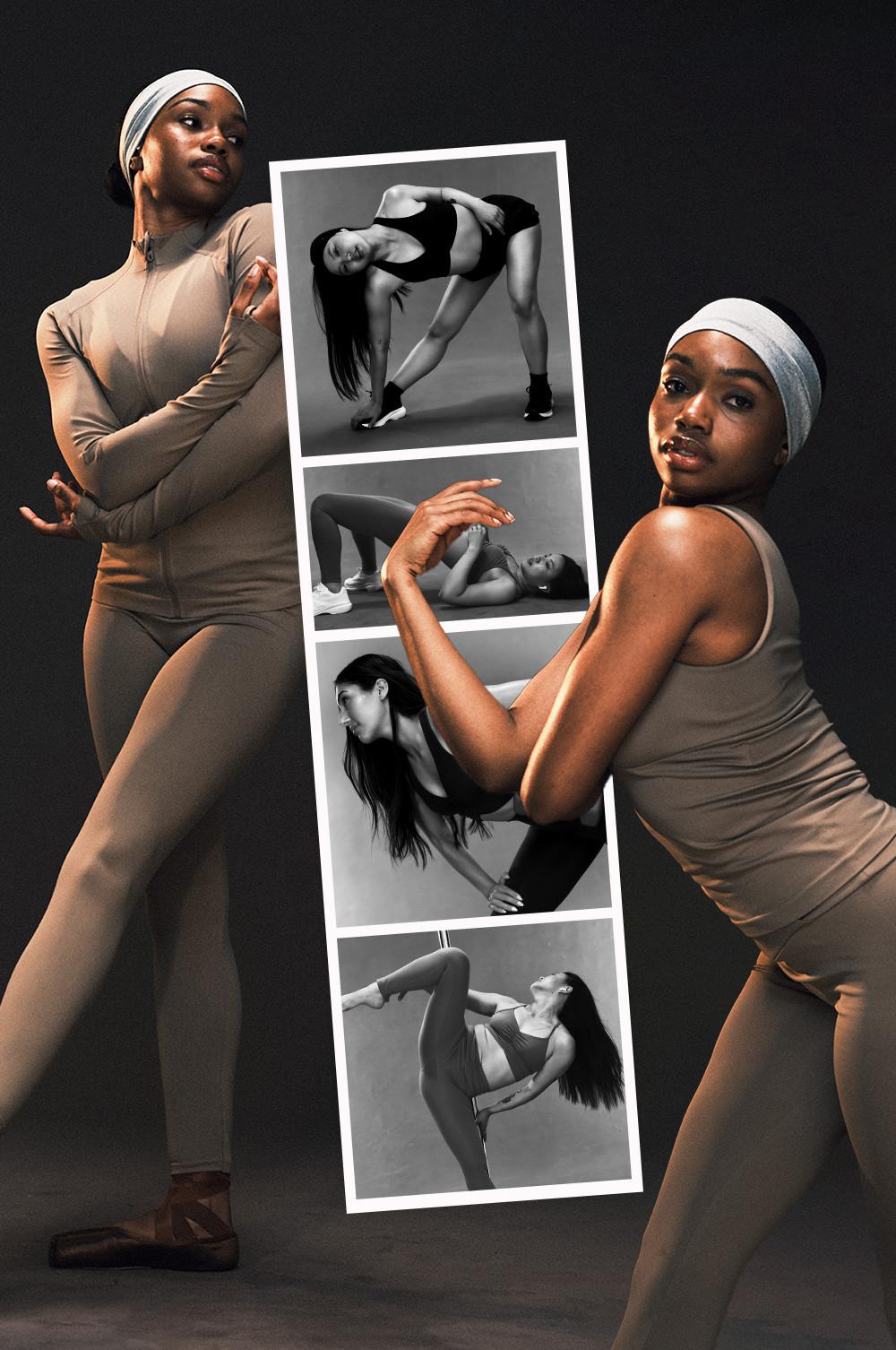 Dancers in nude-colored activewear performing various poses, with a strip of black and white dance photos in the center.