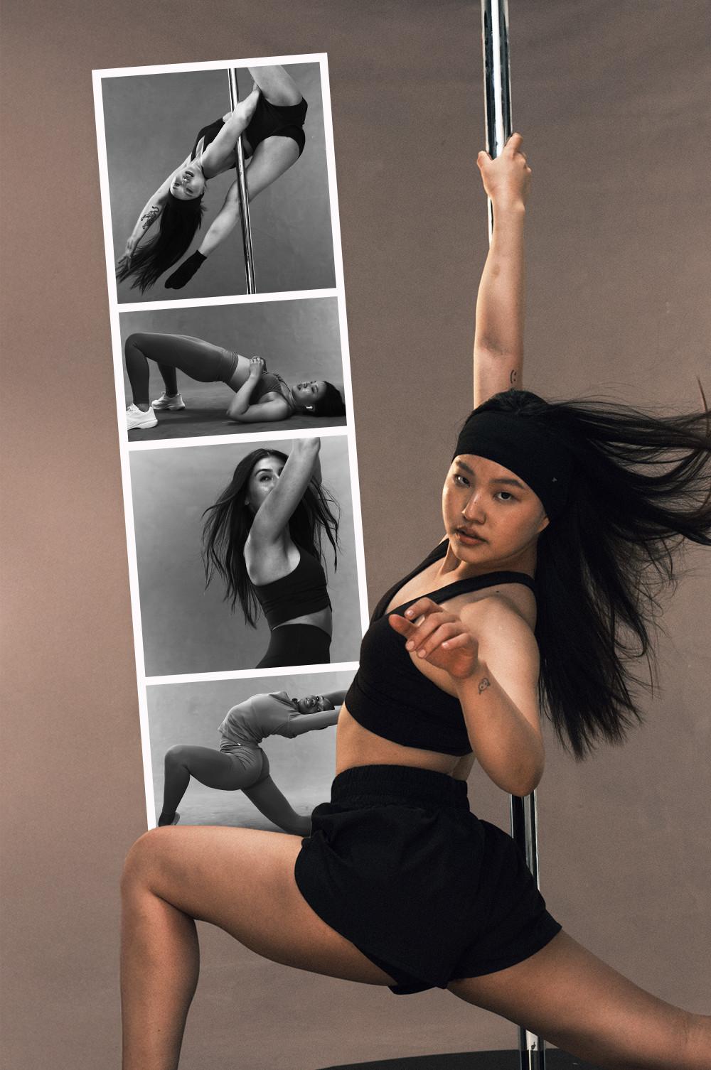 Person practicing pole fitness alongside a strip of black and white photos showing various dance poses.