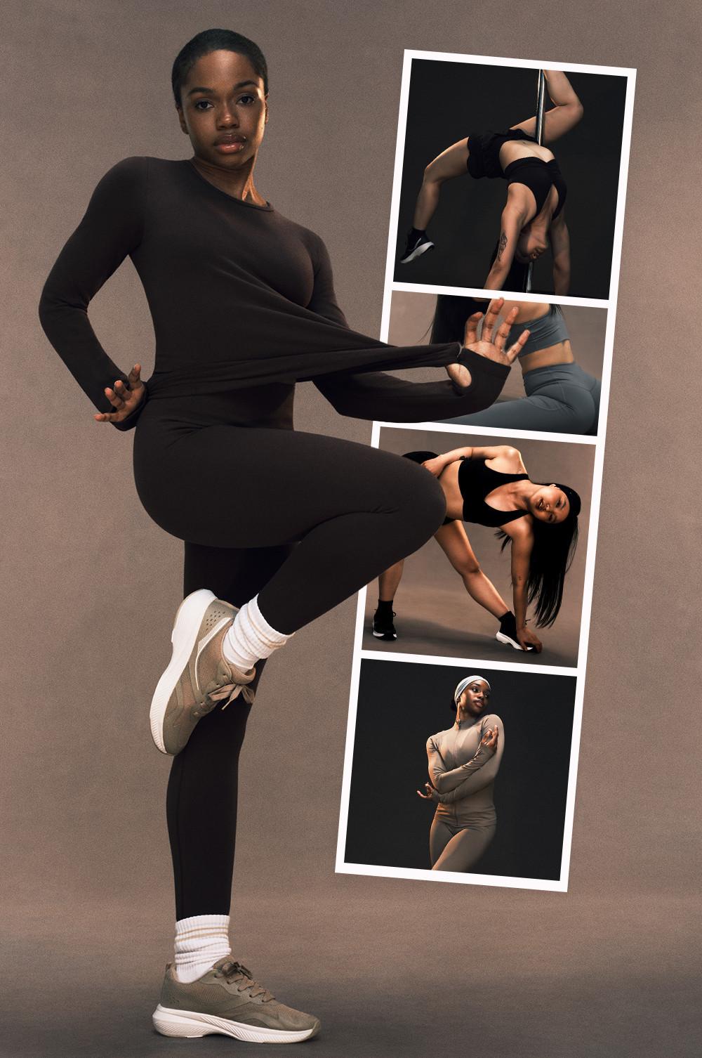 Athletic wear collection featuring black fitted activewear and various yoga poses in a stylish photomontage.