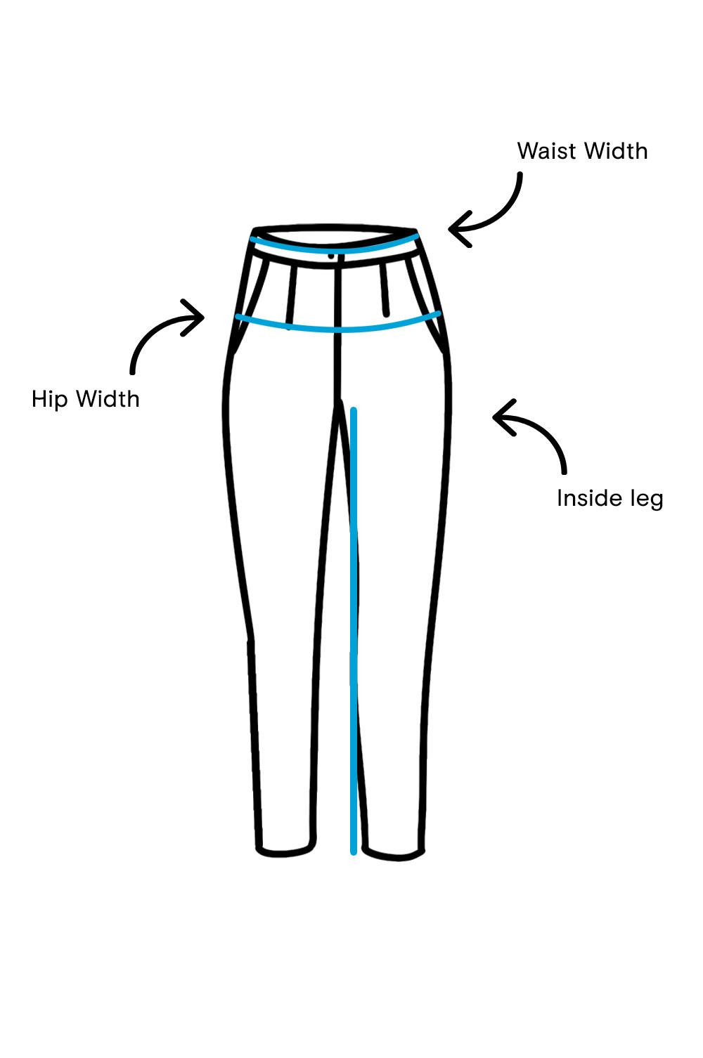 Diagram showing pants measurement guide with labeled arrows indicating waist width, hip width and inside leg measurement points highlighted in blue.