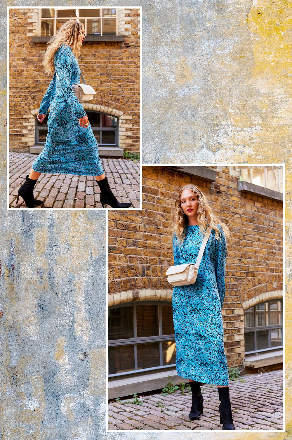 model wears blue patterned midi dress