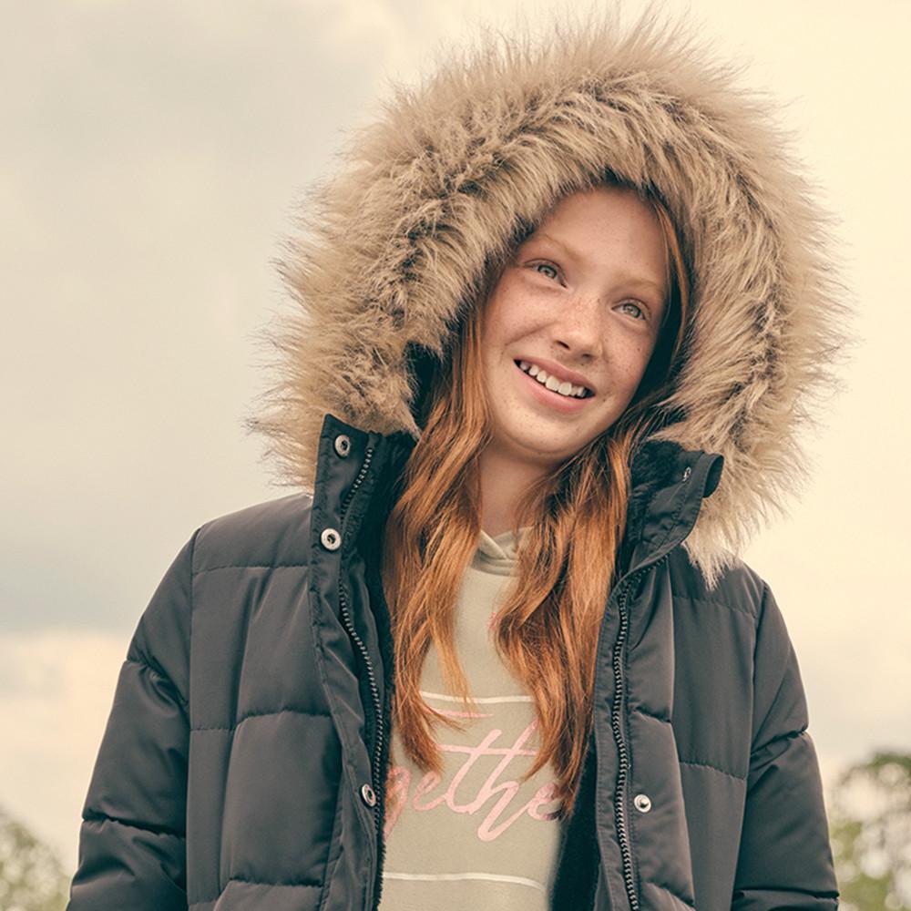 Model wearing Black Padded Jacket with Brown Hood