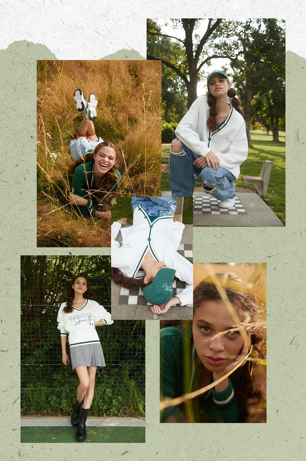 Models wearing nineties preppy clothes on green background