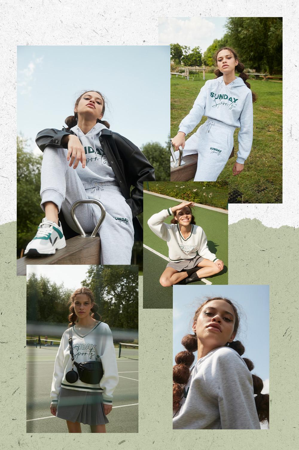 Models wearing nineties preppy clothes on light green background