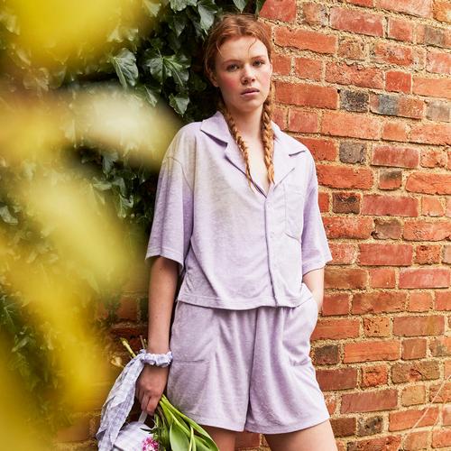Model wears lilac terry cloth set