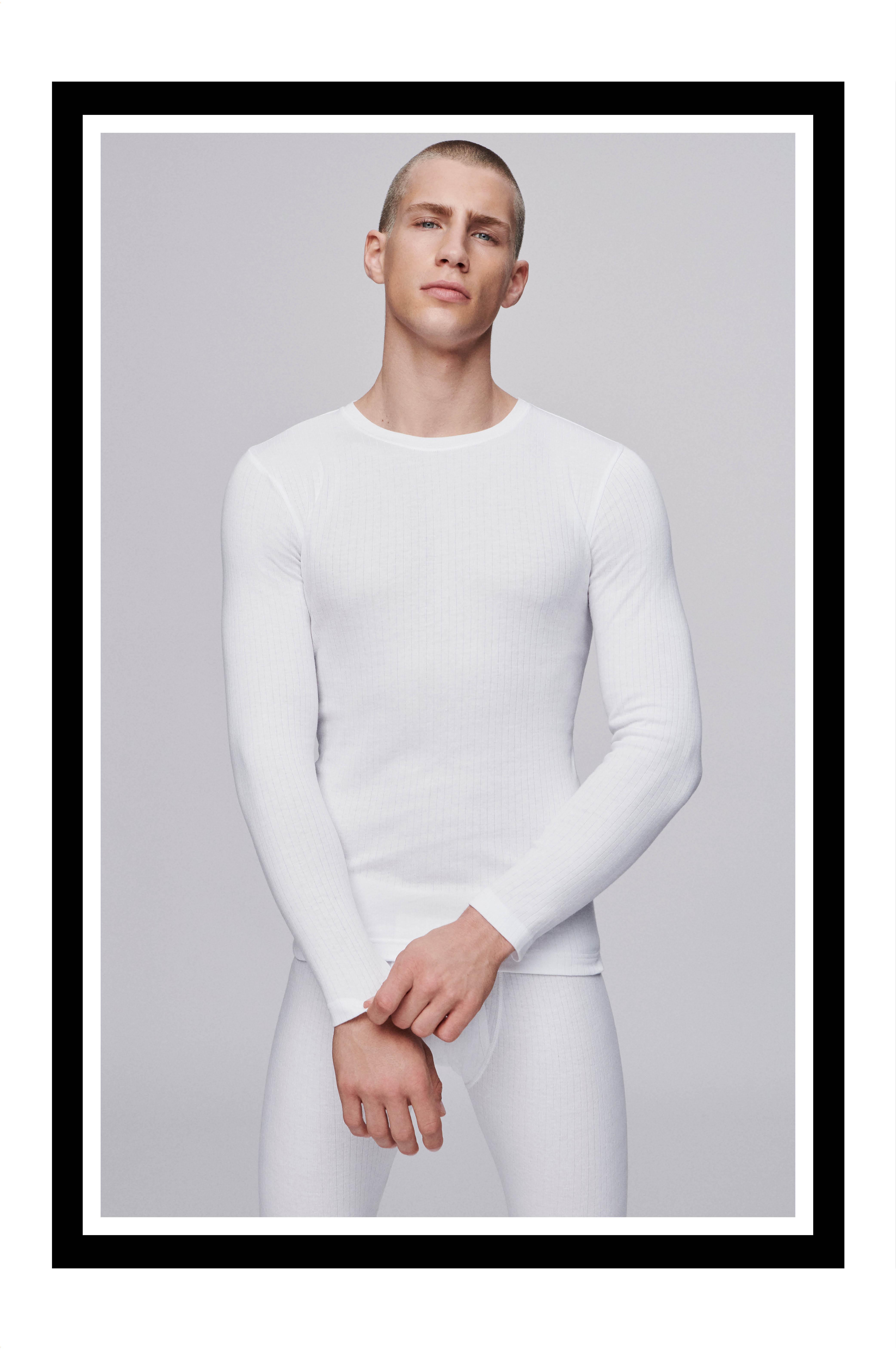 male model in white thermals