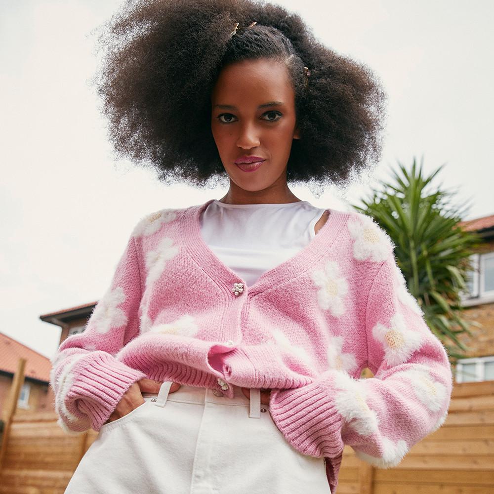 Model wearing Pink Daisy Print Cardigan