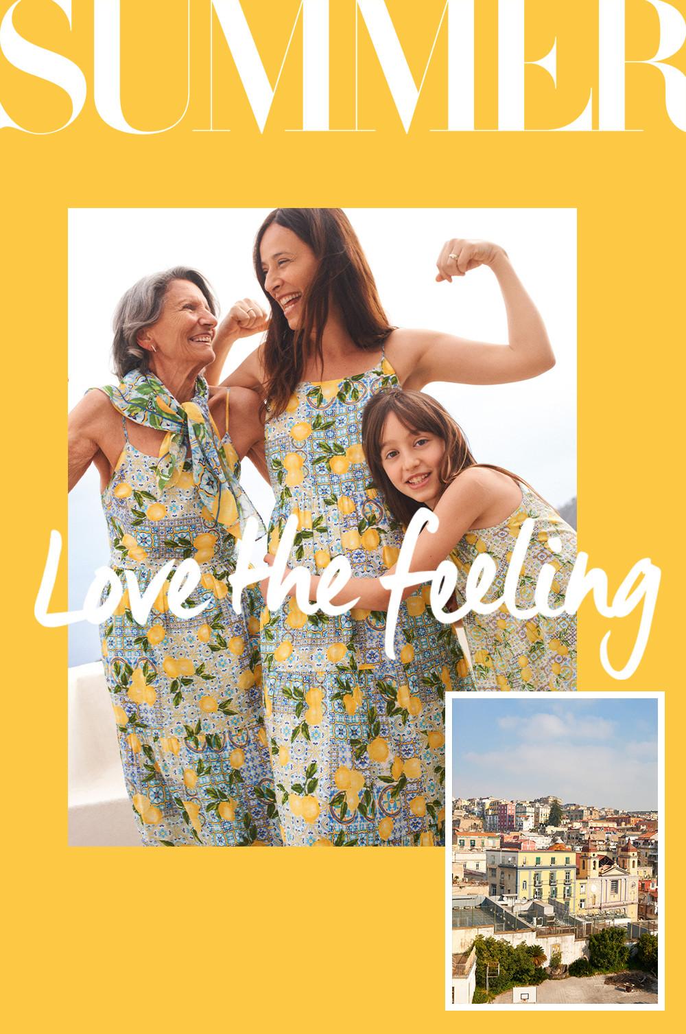 Family portrait in lemon print dresses