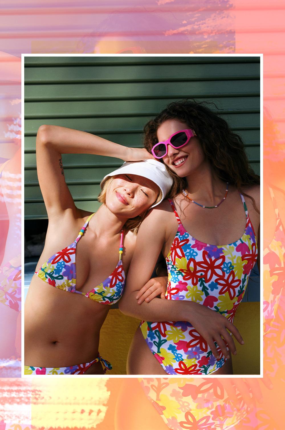 Women wearing floral bikini and swimsuit