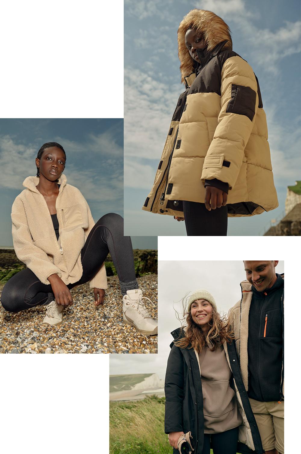 A collage of images showing our new range of coats for all weathers- a camel and black coloured