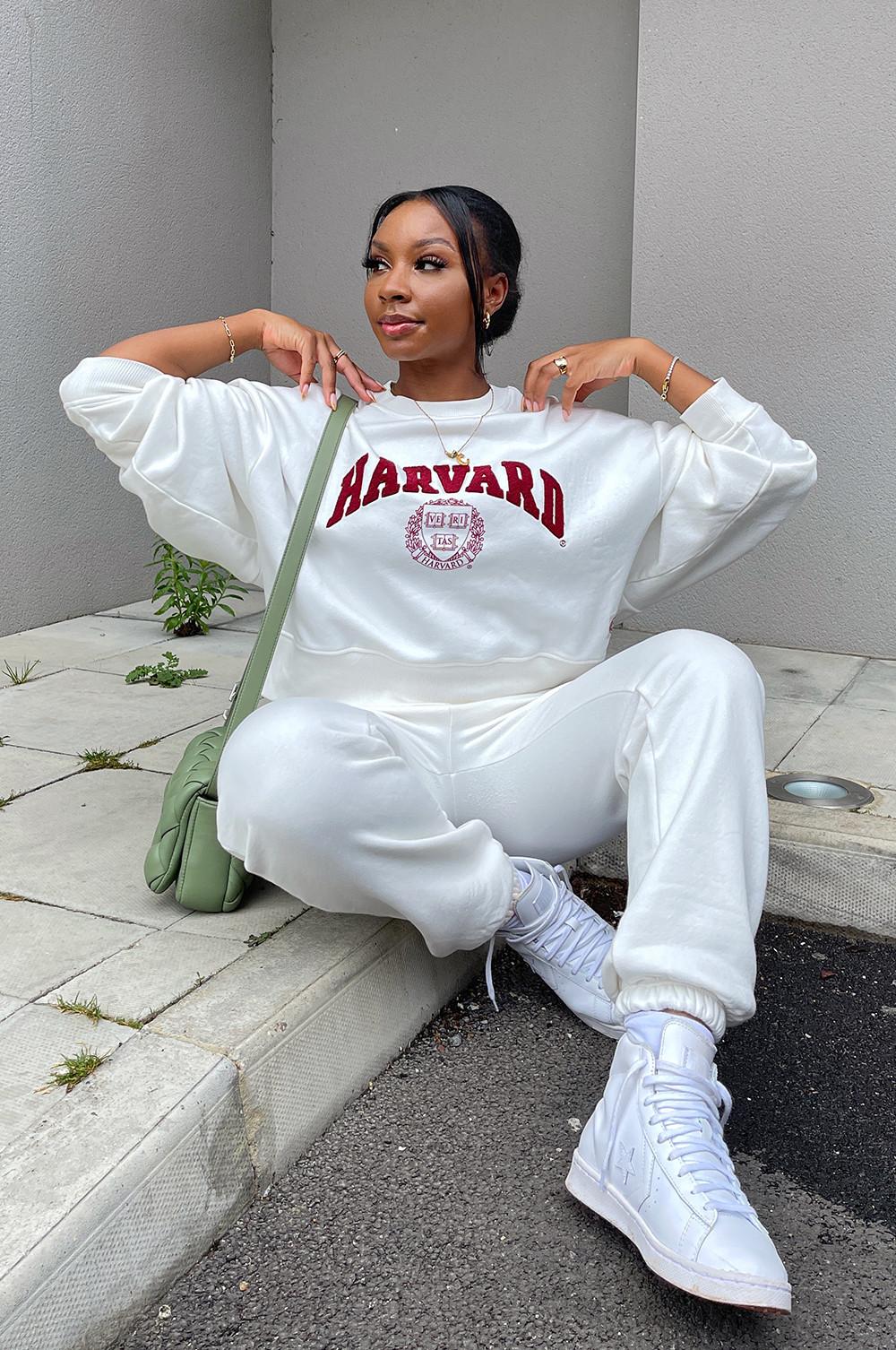 Model wearing coordinating tracksuit