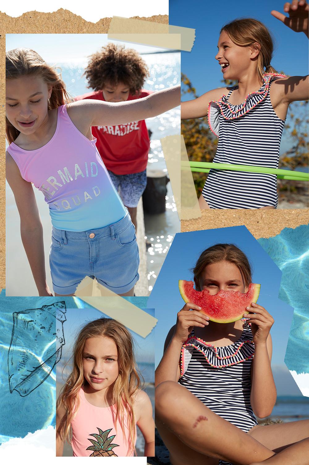 Una collezione di capi must-have per la spiaggia e la piscina per neonati e  teenager. Un mare di costumi, shorts, bikini e T-shirt per l'estate.