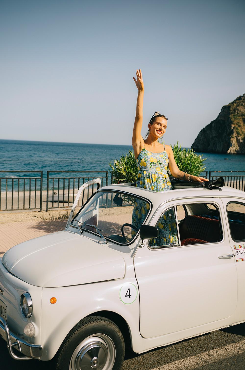 Helen wears lemon print midi dress