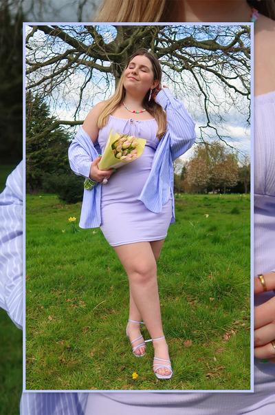 @itsabinunn in een lila jurk met een bijpassend overhemd en hakken