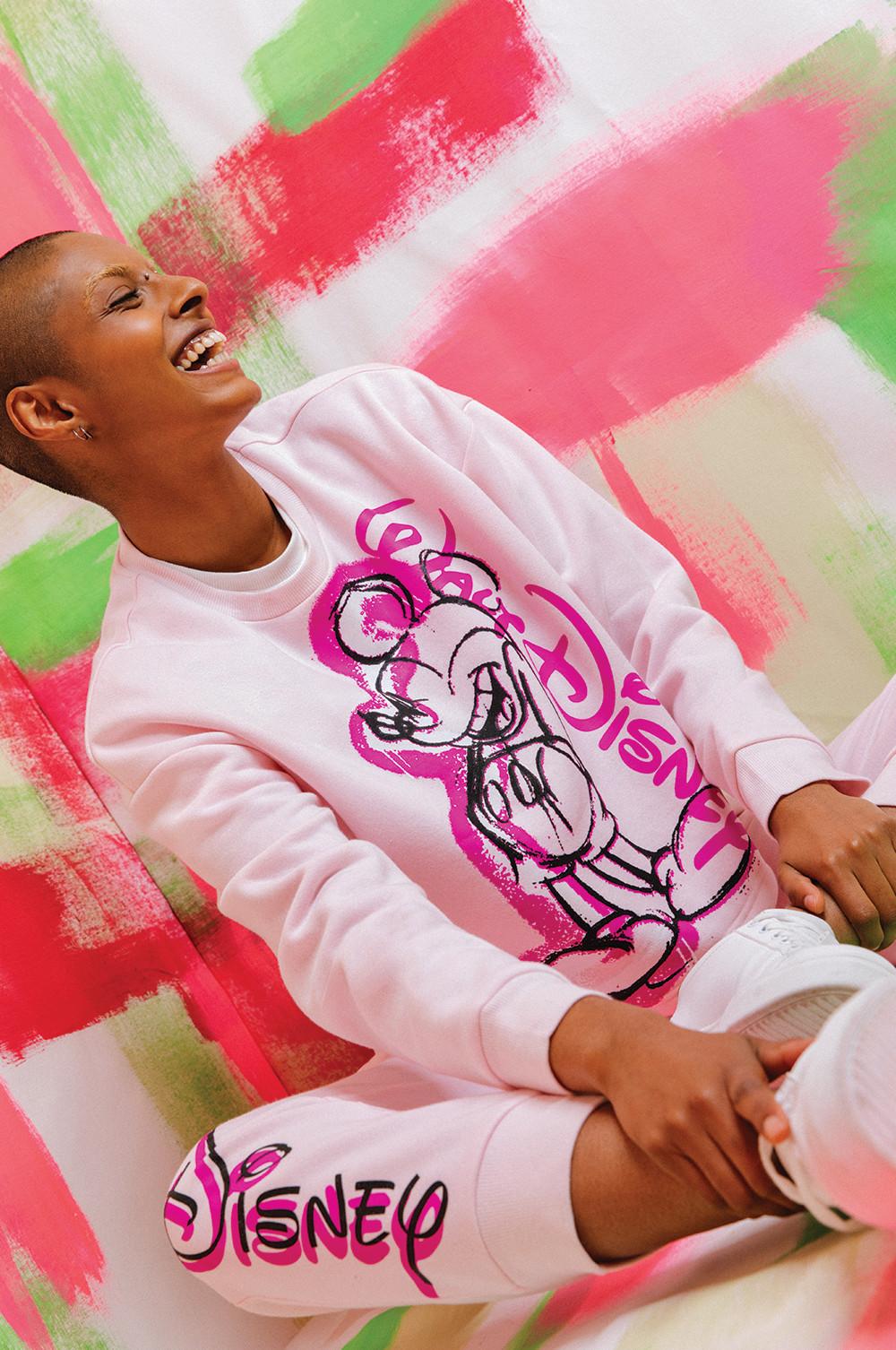 Model wearing Pink Mickey Mouse Print Co-ord Jogger and Sweatshirt