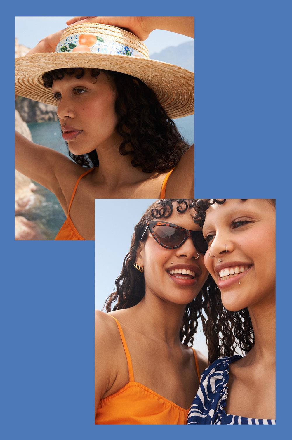 Women wearing straw hat and sunglasses
