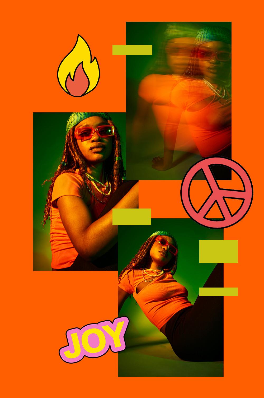 Model wears orange top, black flares and a green headscarf