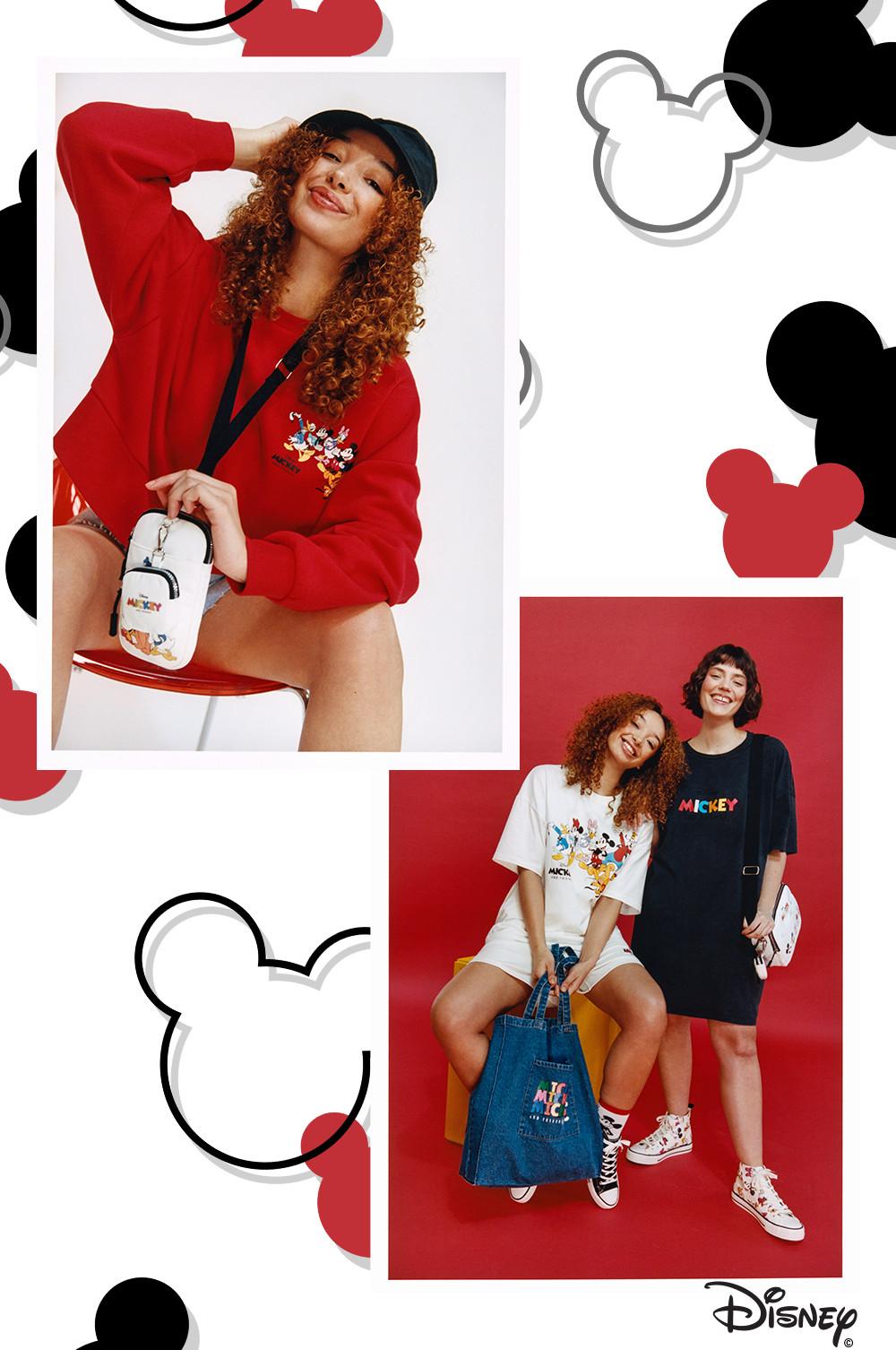 Women wearing Mickey T-shirt dress, Jumper and T-shirt with bags and accessories