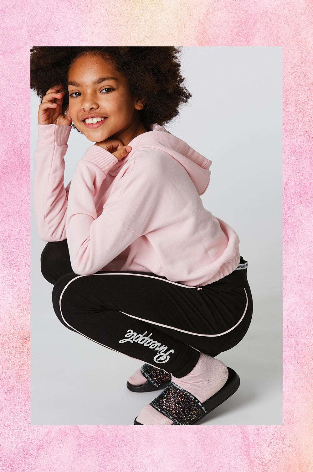 Girls' Black Dance Leggings with Pink Logo | Kids Pineapple Activewear