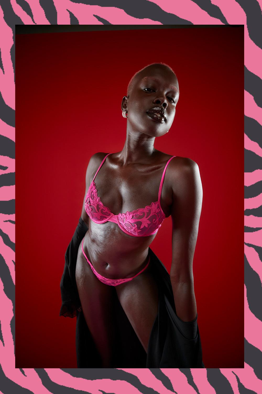Model wears pink lace set
