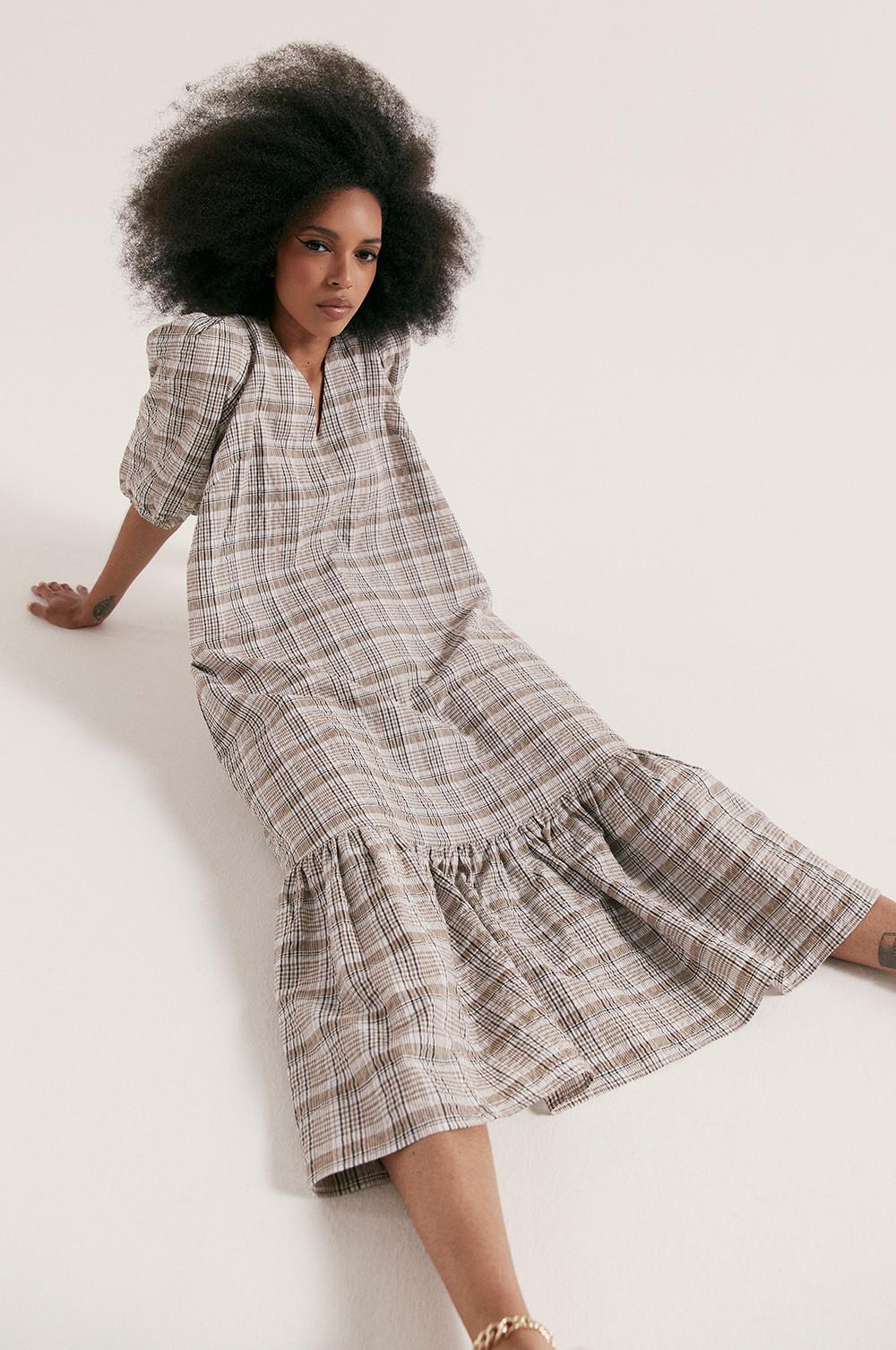 Model wearing Check Midi Dress full size