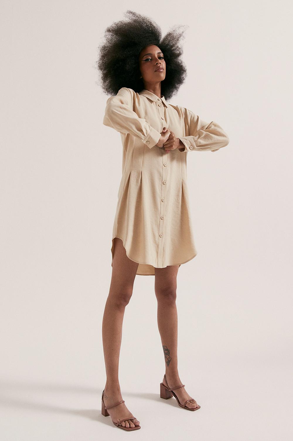 Model wearing Pintuck Waist Shirt Dress