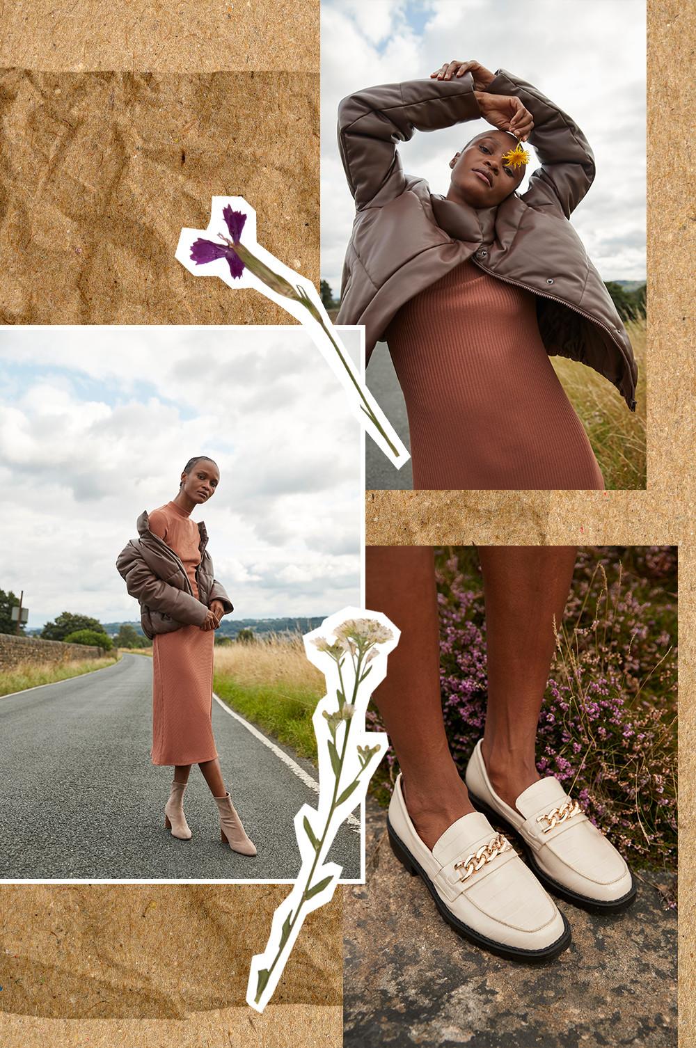 collage of model in rust dress and white loafers with gold chain