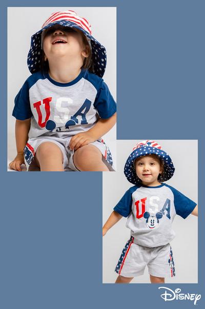 Child wears 4th of July set with matching bucket hat