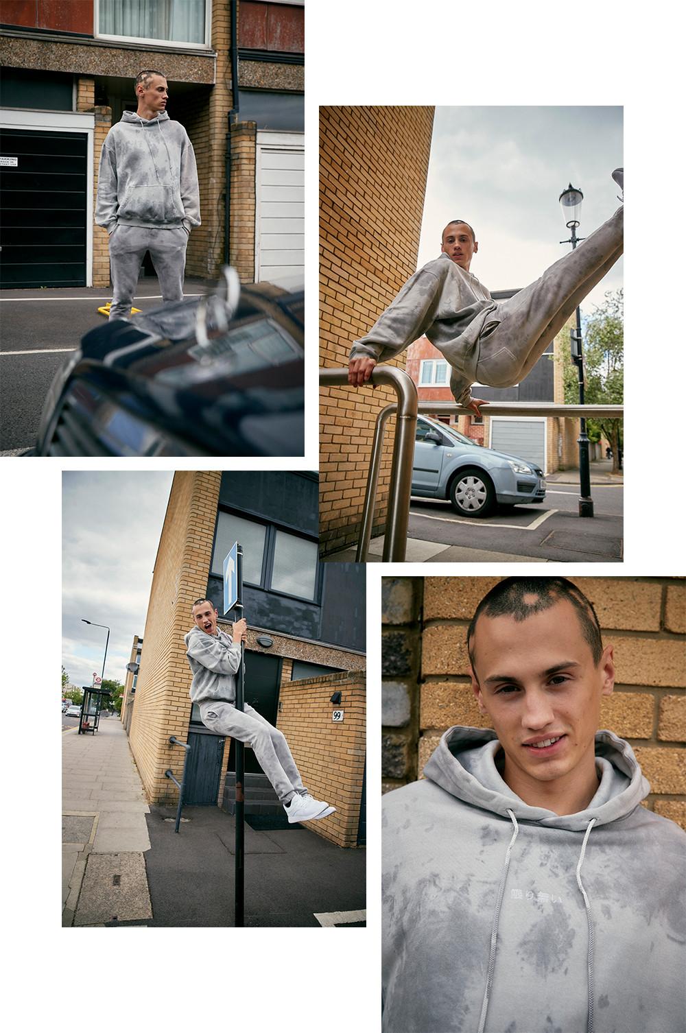 Model wearing light grey hoodie and joggers