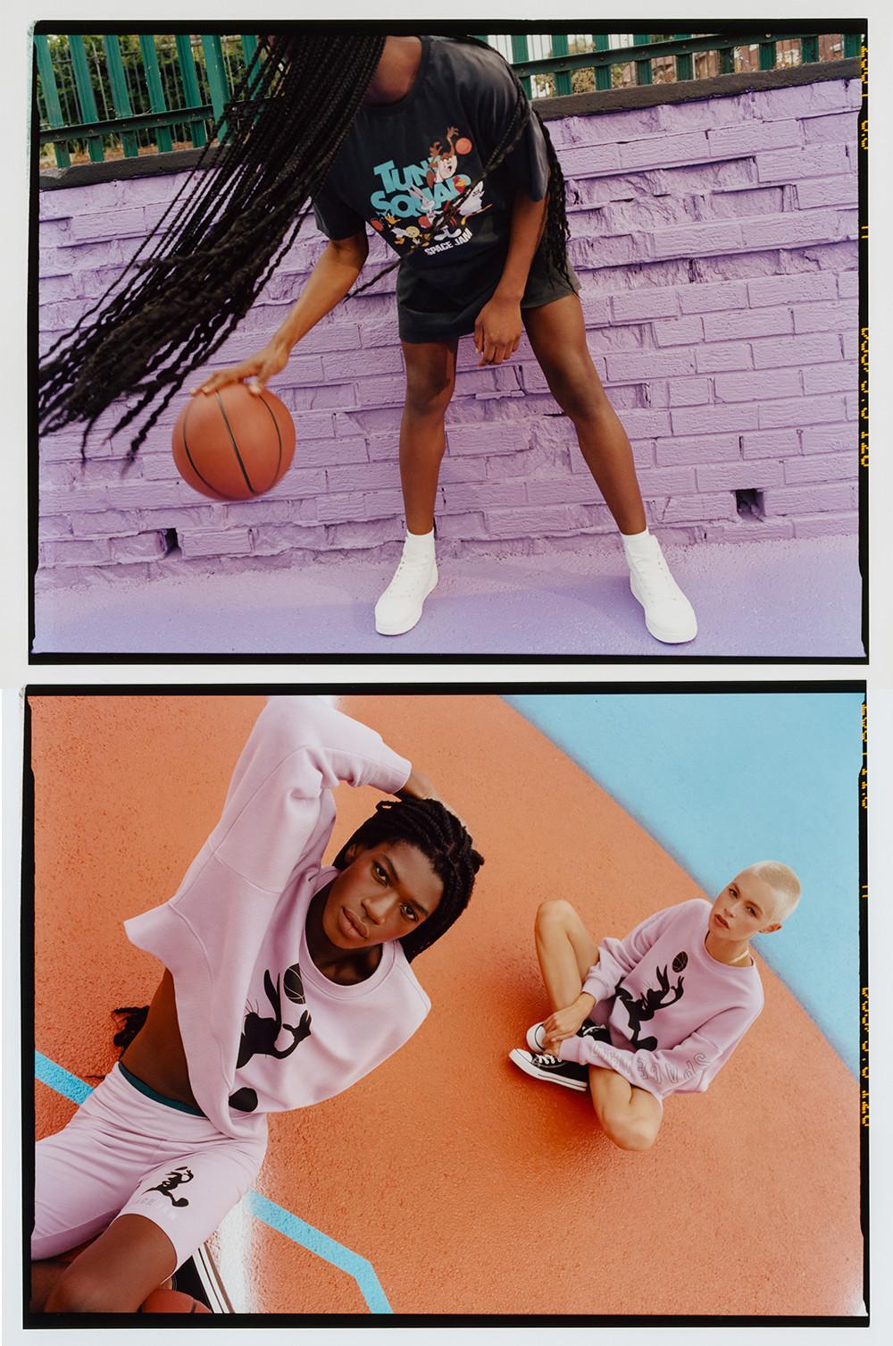 Models wearing Space Jam clothing and playing basketball
