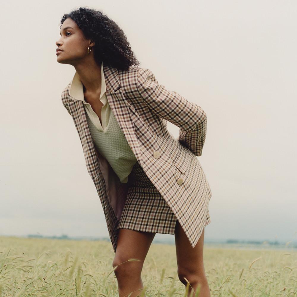 Model wearing Check Co-ord Blazer