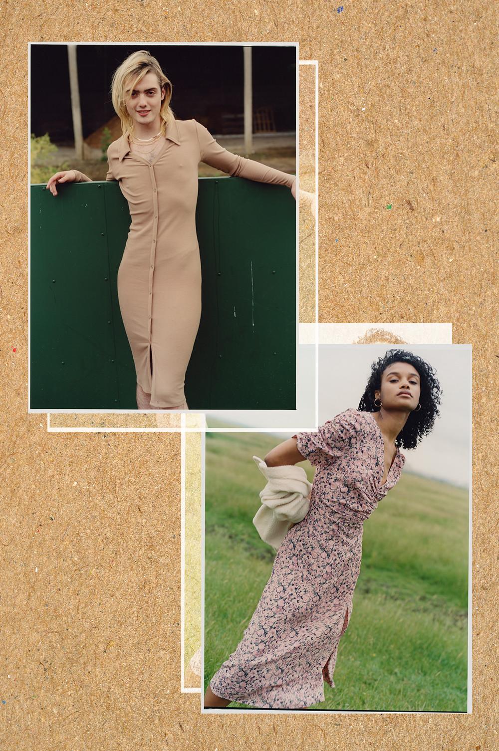 Models wearing beige midi dress and floral midi dress