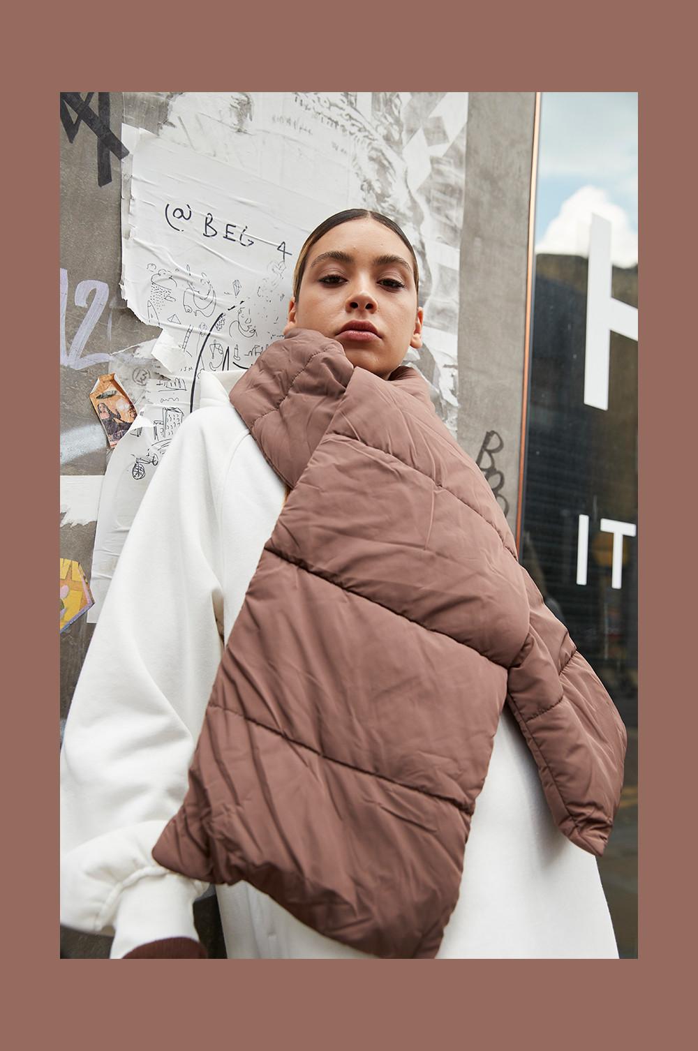 Model wearing Brown Quilted Scarf