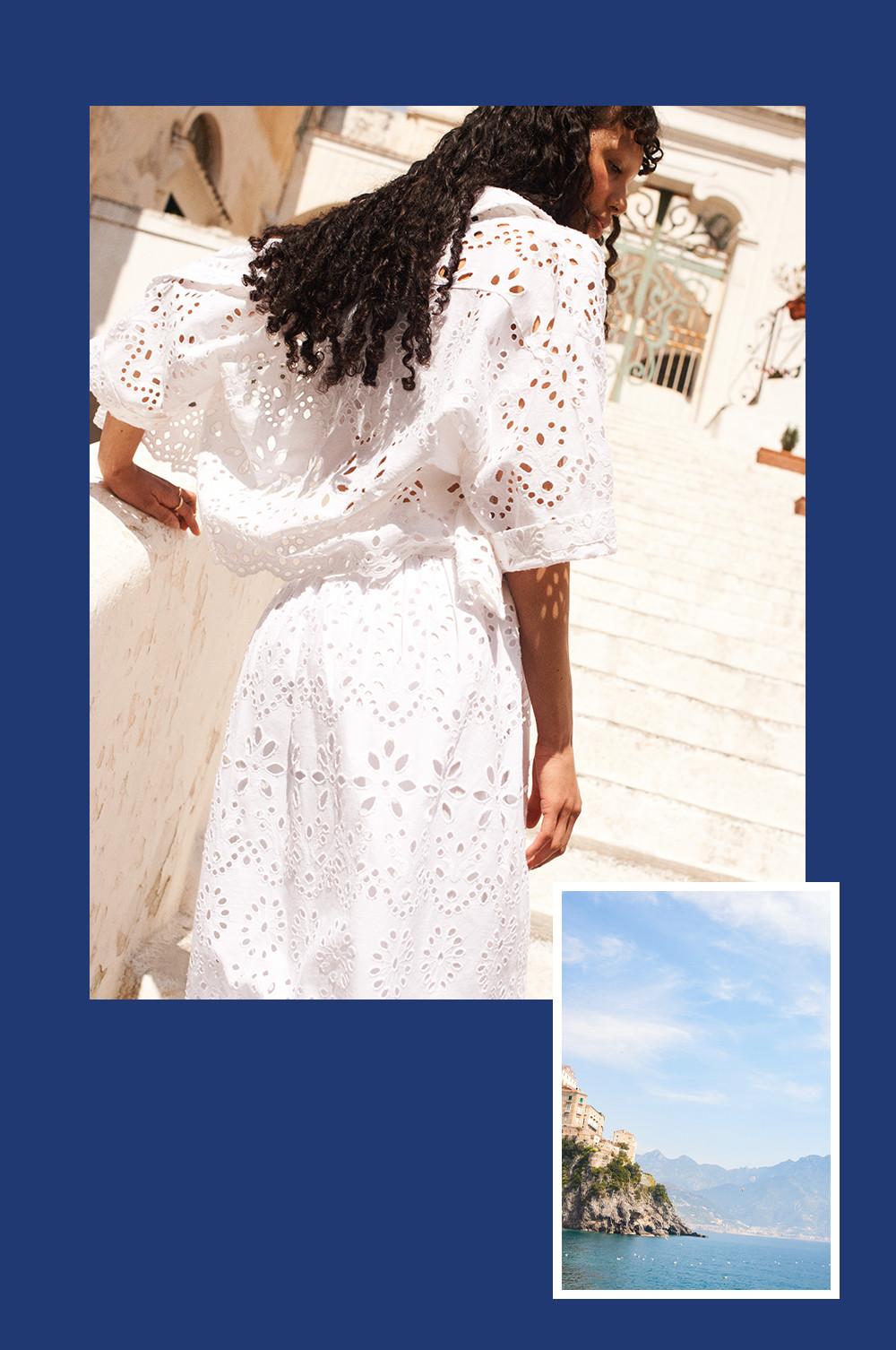 Collage composto dall'immagine di una donna che indossa top, camicia e gonna in sangallo bianco e dalla foto di una spiaggia.