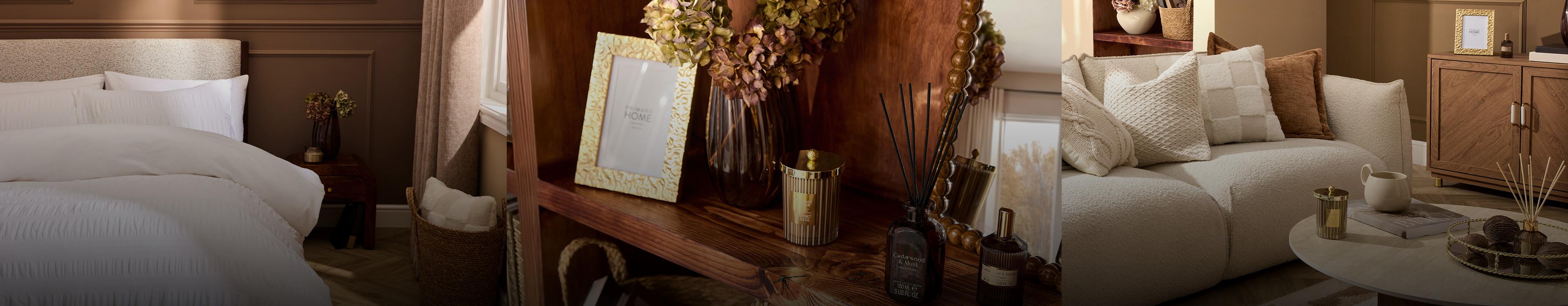 Three cosy home interior scenes showing a bedroom, wooden shelf with dried flowers, and neutral living room.
