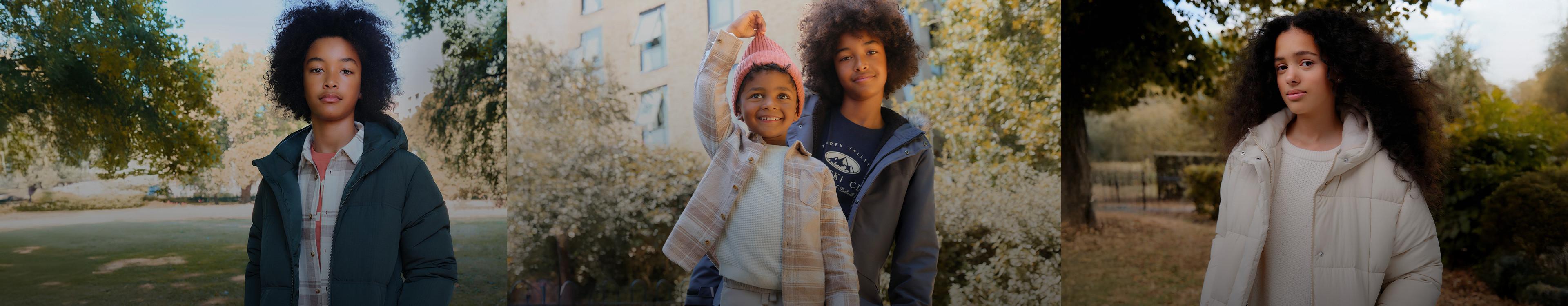 Three-panel image showing stylish autumn outerwear collection with hooded jackets in outdoor park settings.