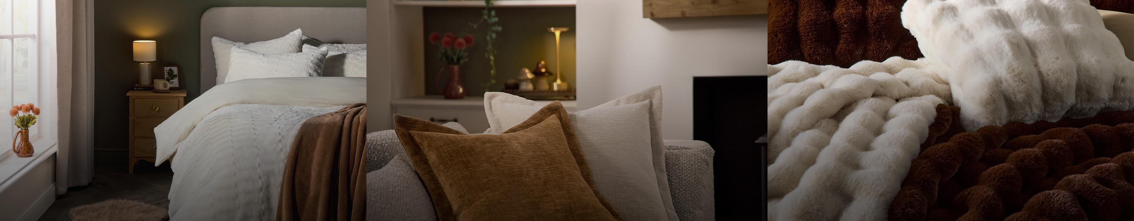 Three cosy home interior scenes showing a bedroom, living room with cushions, and plush throw blankets.