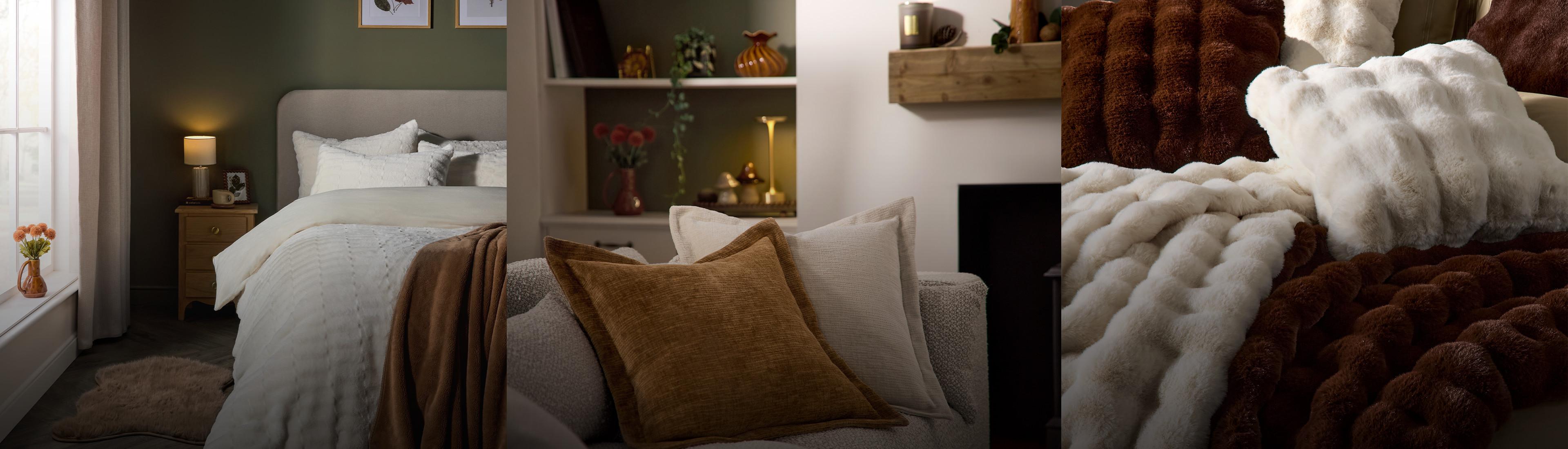 Cosy home interior featuring bedroom with green walls, living room with cushions, and plush brown and white throws.