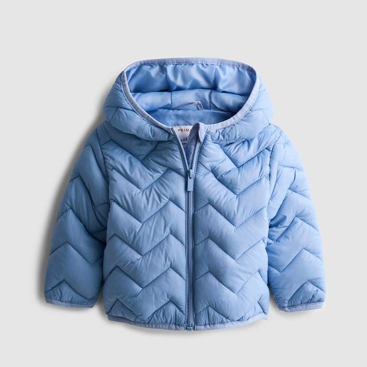 Light blue quilted children's puffer jacket with hood and zip front from Primark.