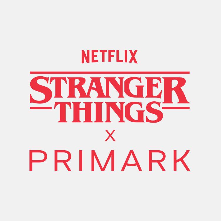 Netflix Stranger Things x Primark collaboration logo in red text on light grey background.