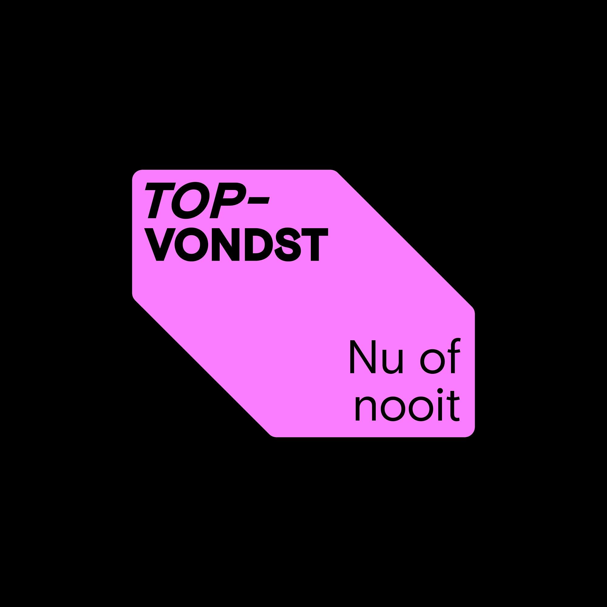 Roze vak met zwarte tekst 'Topvondst Nu of nooit' op een zwarte ondergrond.