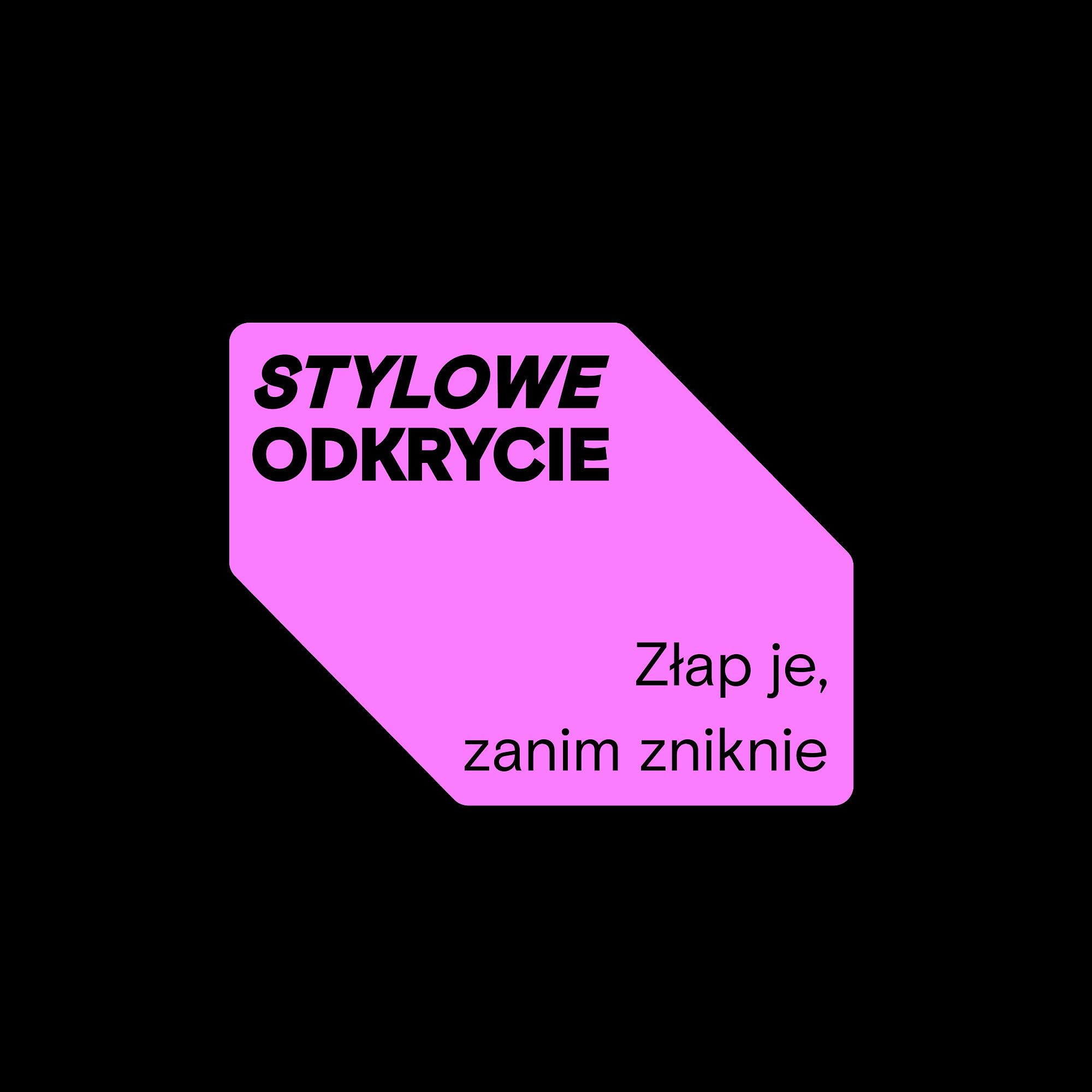 Różowe pudełko z napisem „Stylowe odkrycie Złap je, zanim zniknie” w kolorze czarnym na czarnym tle.