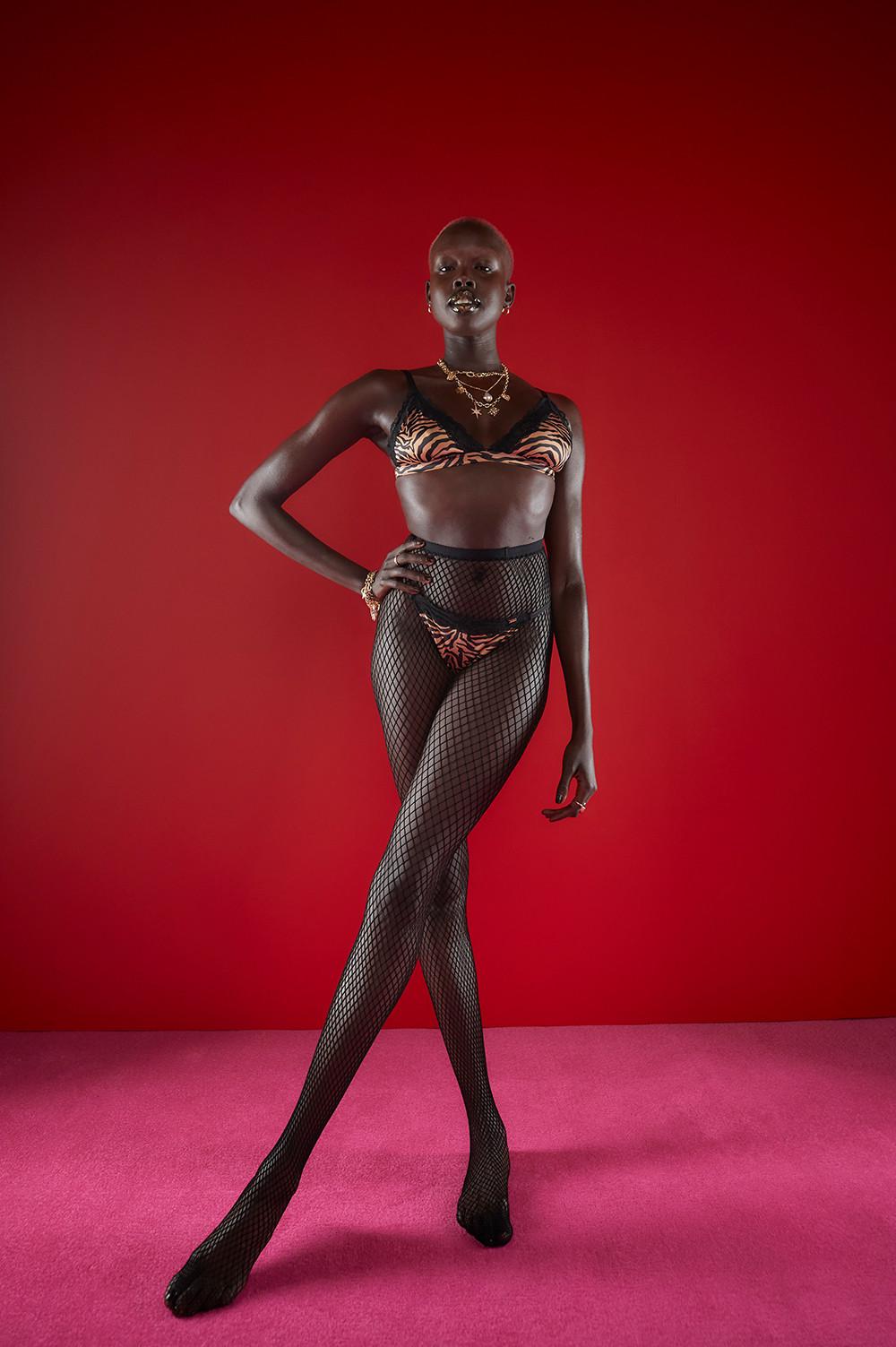 Model wears zebra print underwear set