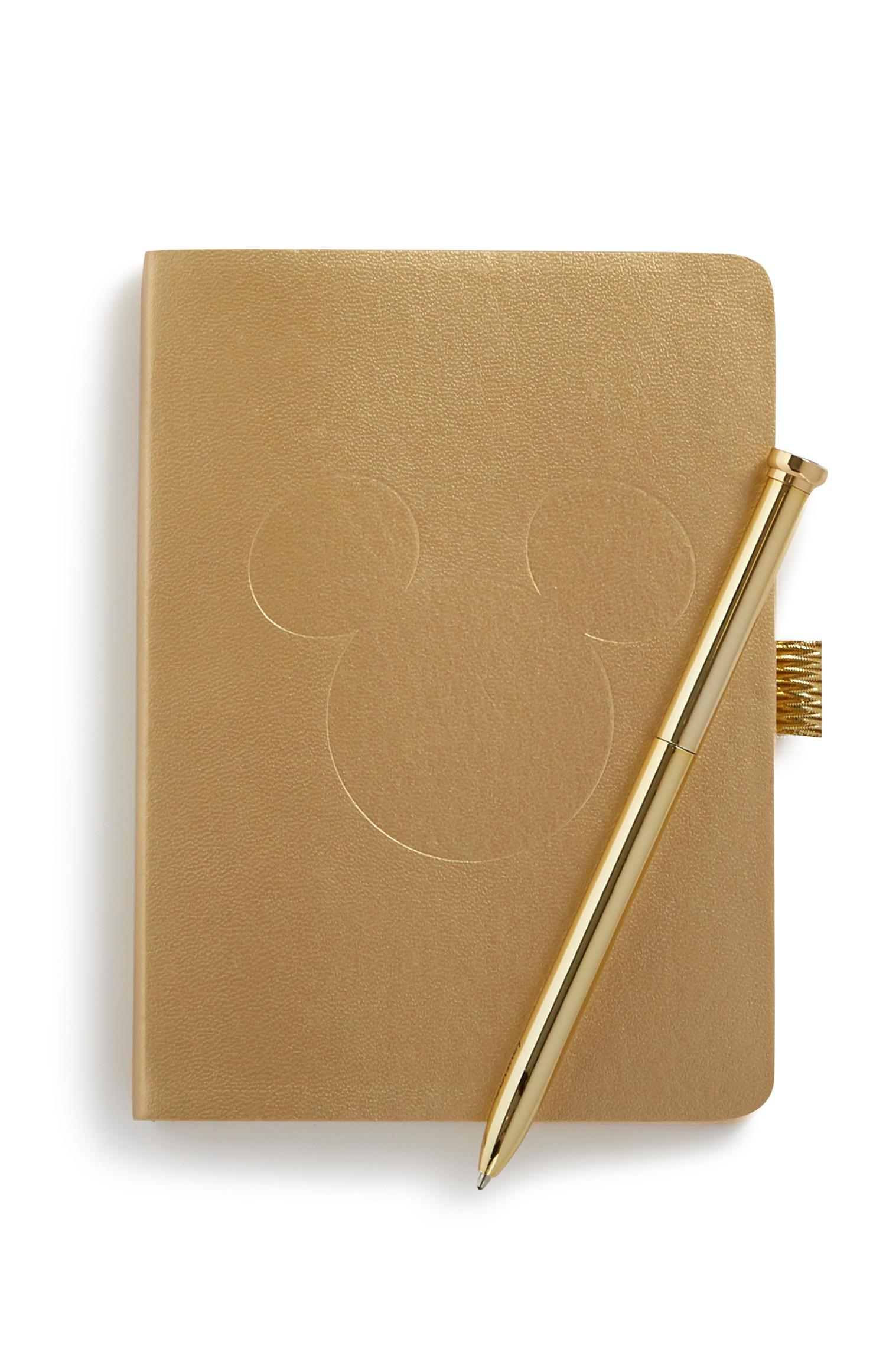 Cuaderno de Mickey Mouse y pluma dorada