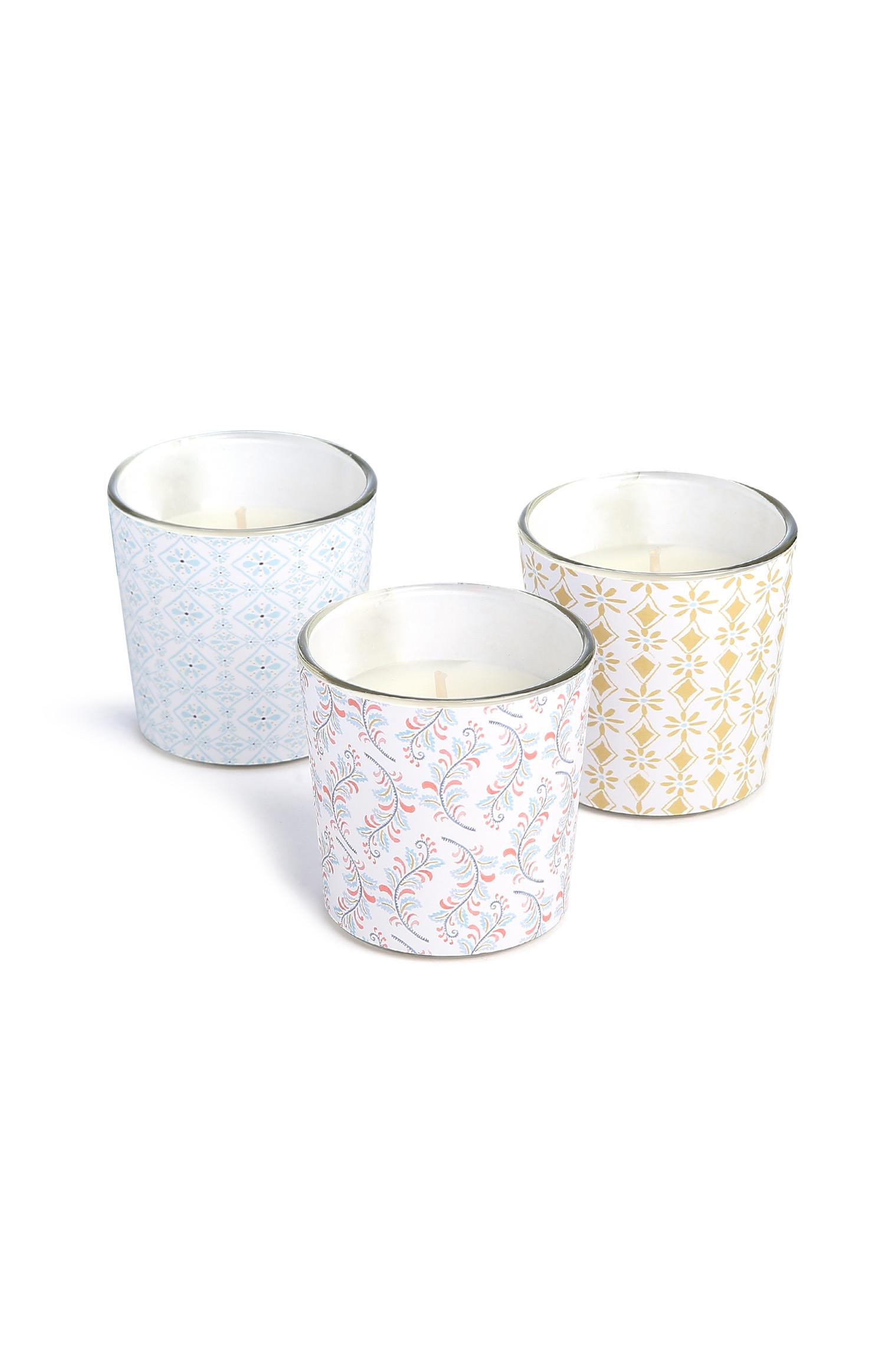 Pack de 3 velas en vaso con estampado