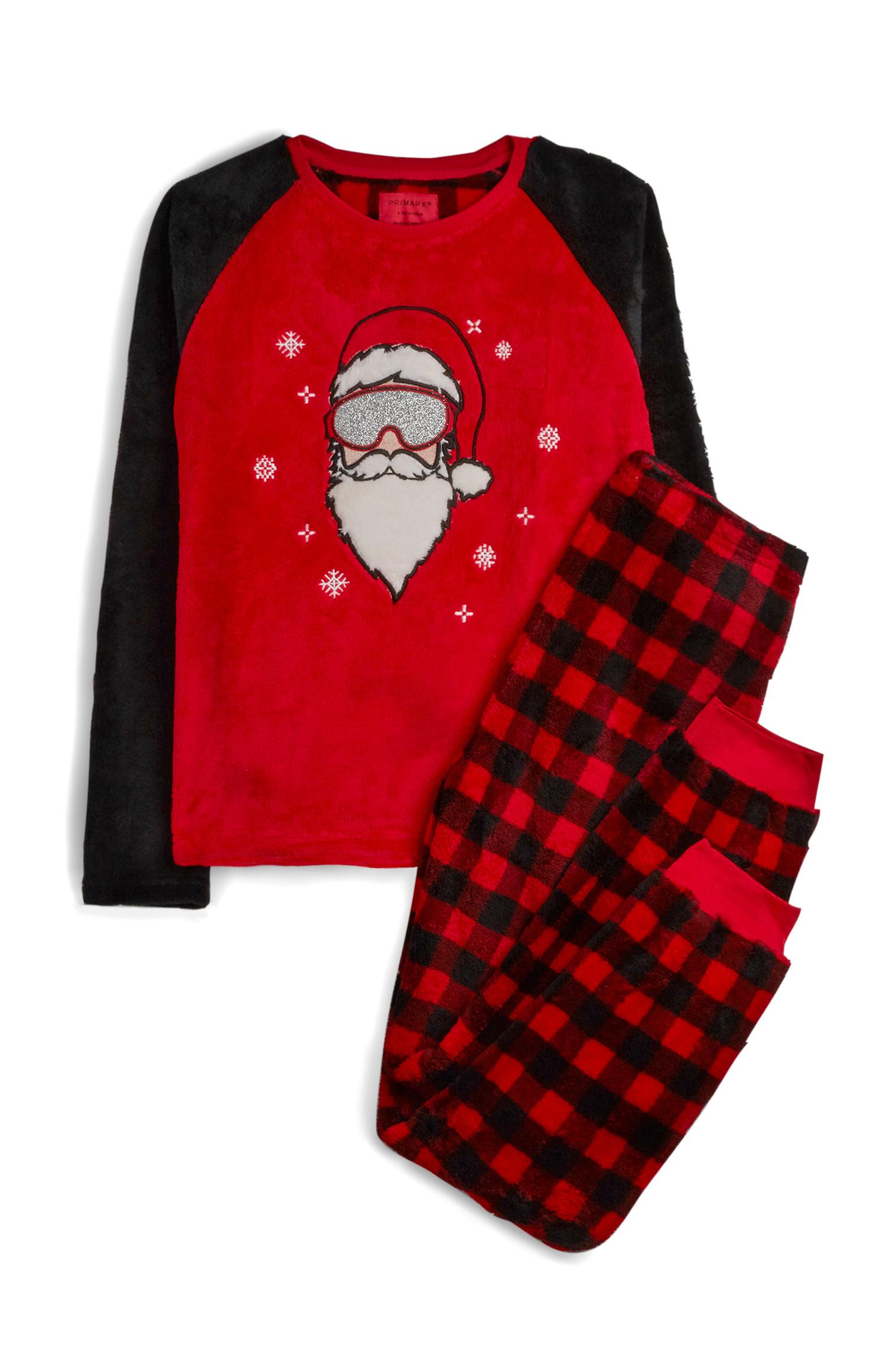 Conjunto de pijama rojo a cuadros con borreguillo de Papá Noel para niña mayor