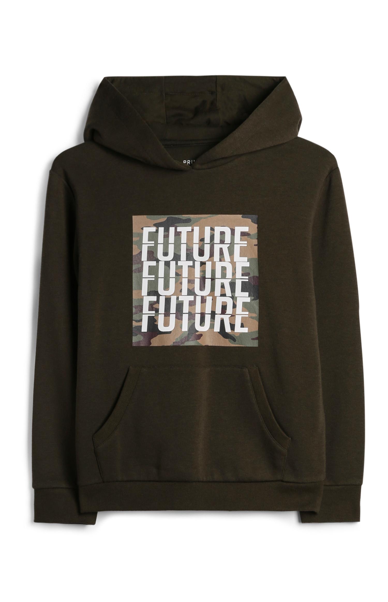 Pulover s kapuco, kamuflažnim vzorcem in napisom za starejše dečke