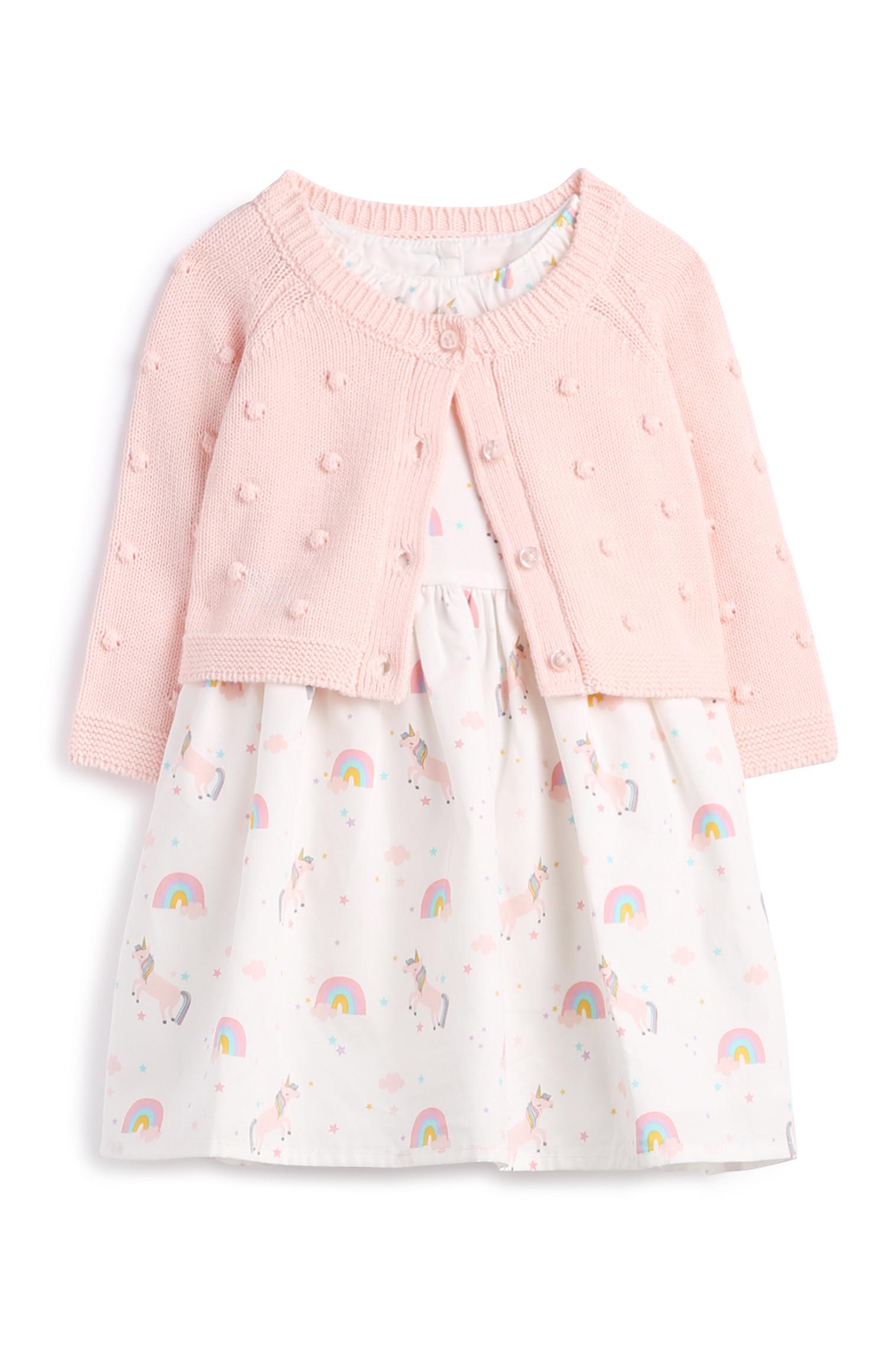 Rožnata dekliška obleka in jopica za dojenčke
